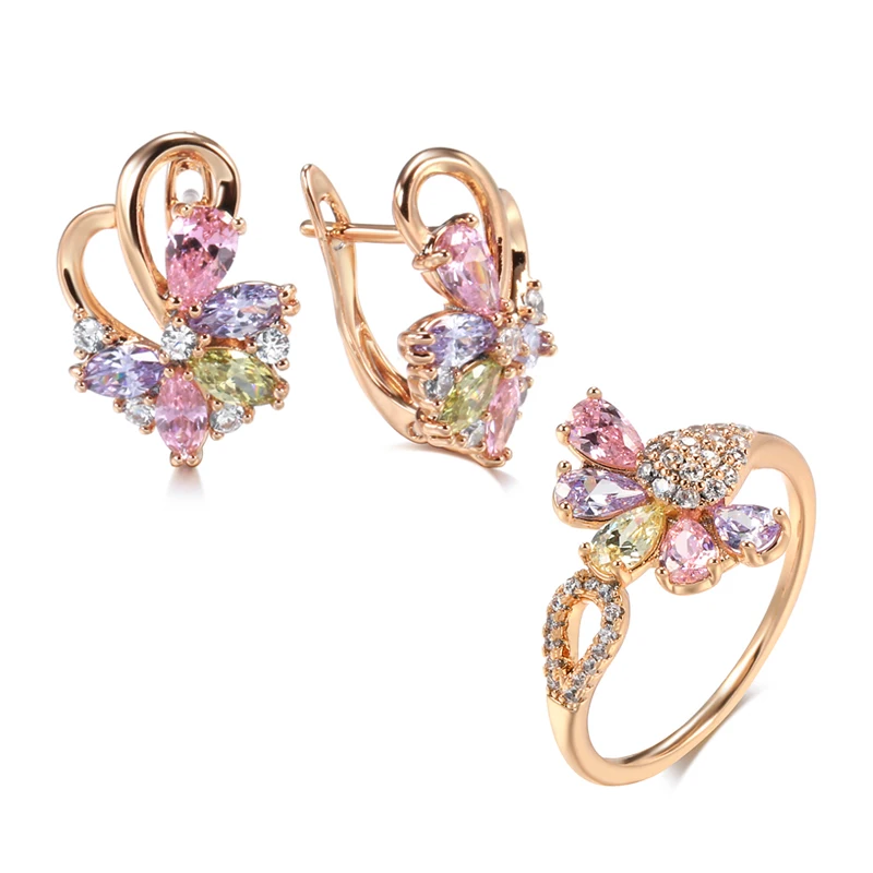 Kinel New 585 Rose Gold Earrings Ring Sets For Women Fashion Colorful Natural Zircon Flower Bride Rings Wedding Jewelry Sets