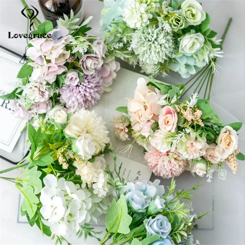 Lovegrace Wedding Bouquet Roseดอกไม้ผ้าไหมประดิษฐ์ดอกไม้ไฮเดรนเยียงานแต่งงานปลอมDIYตกแต่ง