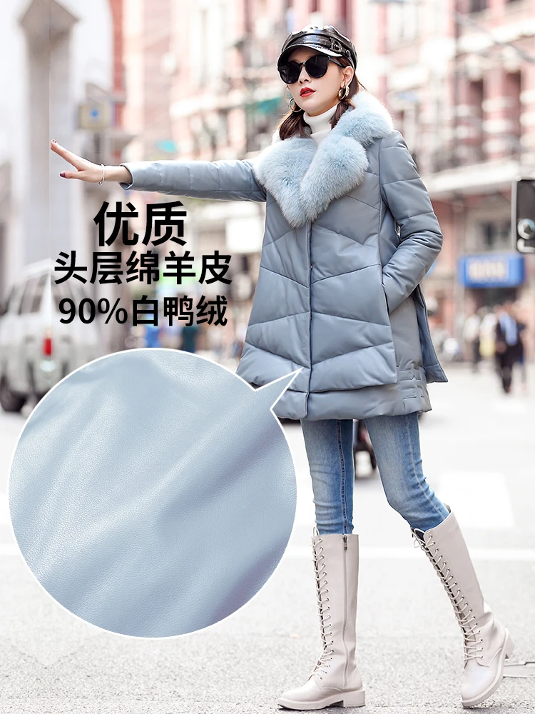 Jacket Winter Women Genuine 100% Sheepskin Coat Fox Fur Collar Long Luxury Leather Down Jackets MFCM126244A