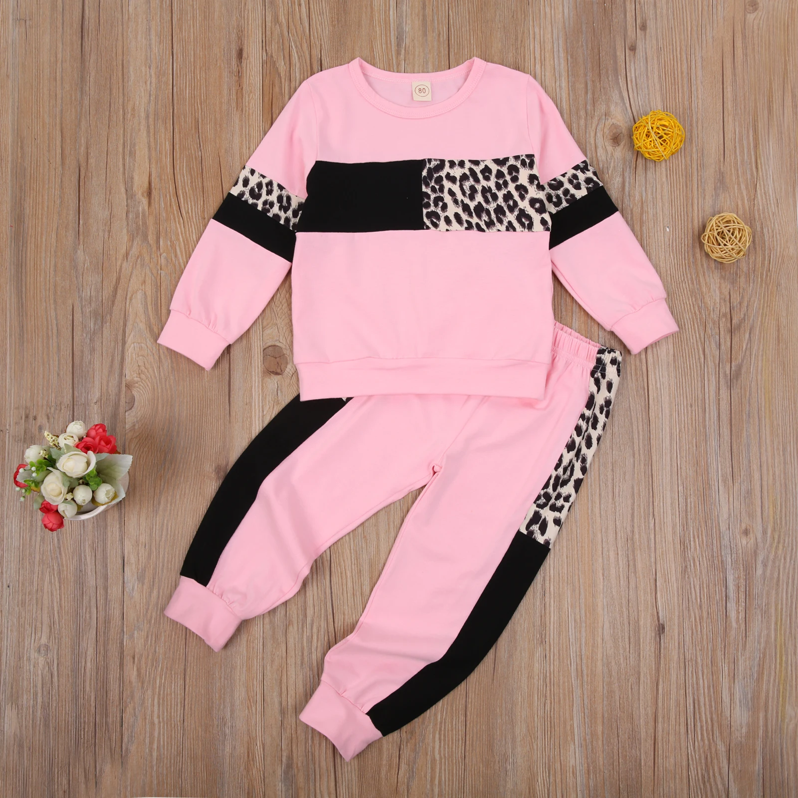 Patchwork Leopard Two Piece Baby Girl Clothes Kids Sportswear Suit Long Sleeve Round Neck Top Elastic Head Long Pants for Autumn