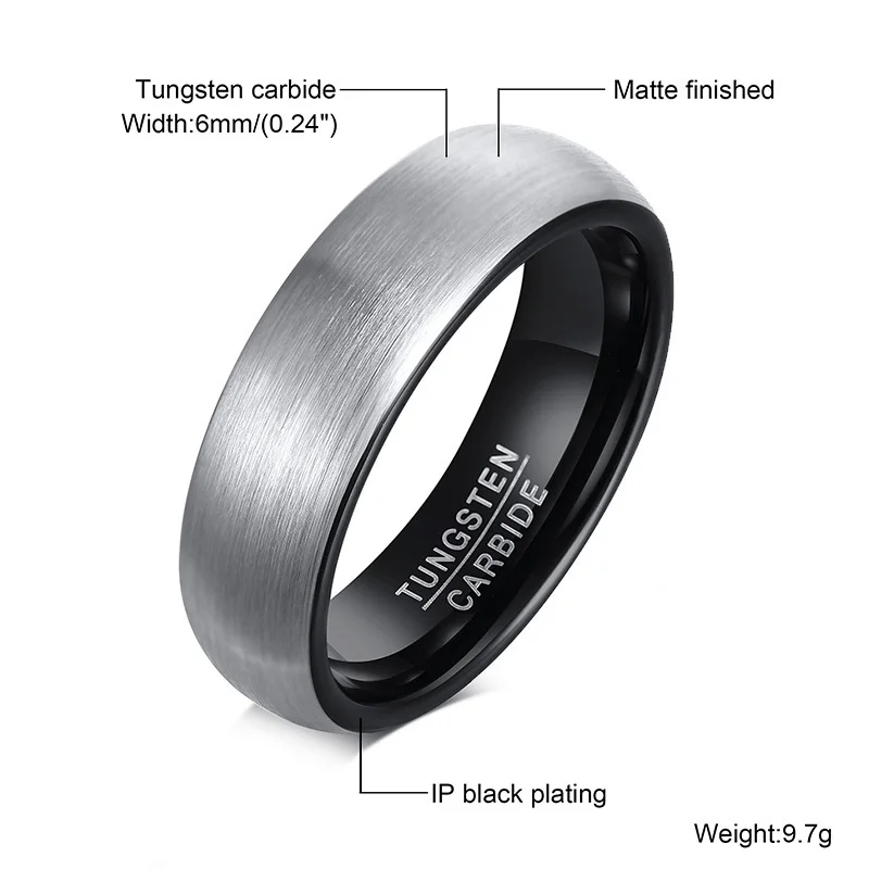 Vnox Basic 6mm Men Wedding Black Tungsten Carbide Ring, Matte Finished Minimalist Finger Bands Jewelry,Comfort Fit US Size