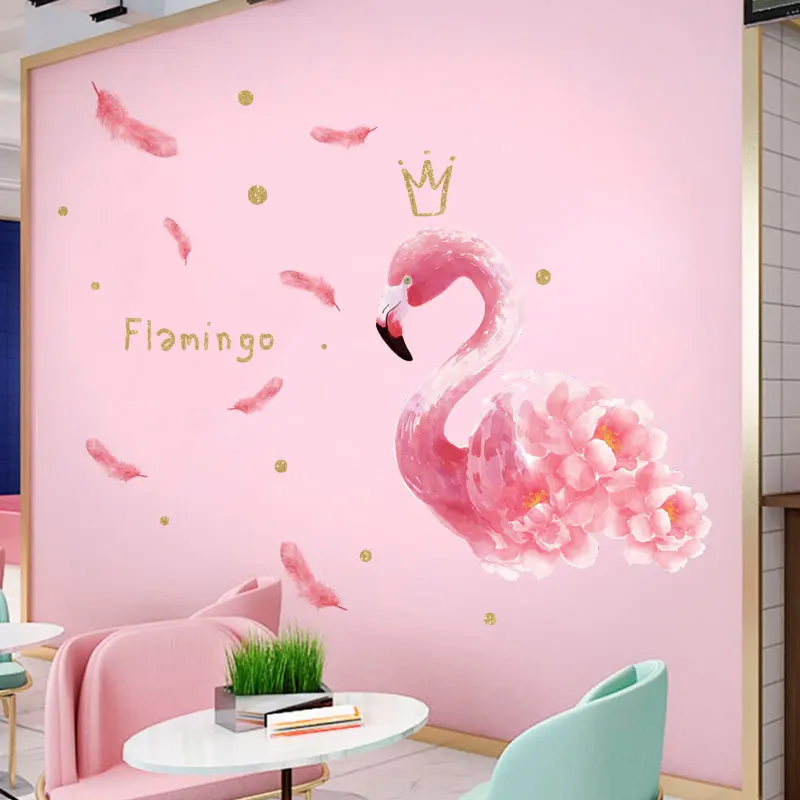 2024 Pink Flamingo Feather Crown Wall Stickers DIY Birds Animals Wall Decals Kids Rooms Baby Bedroom Nursery Home Decor