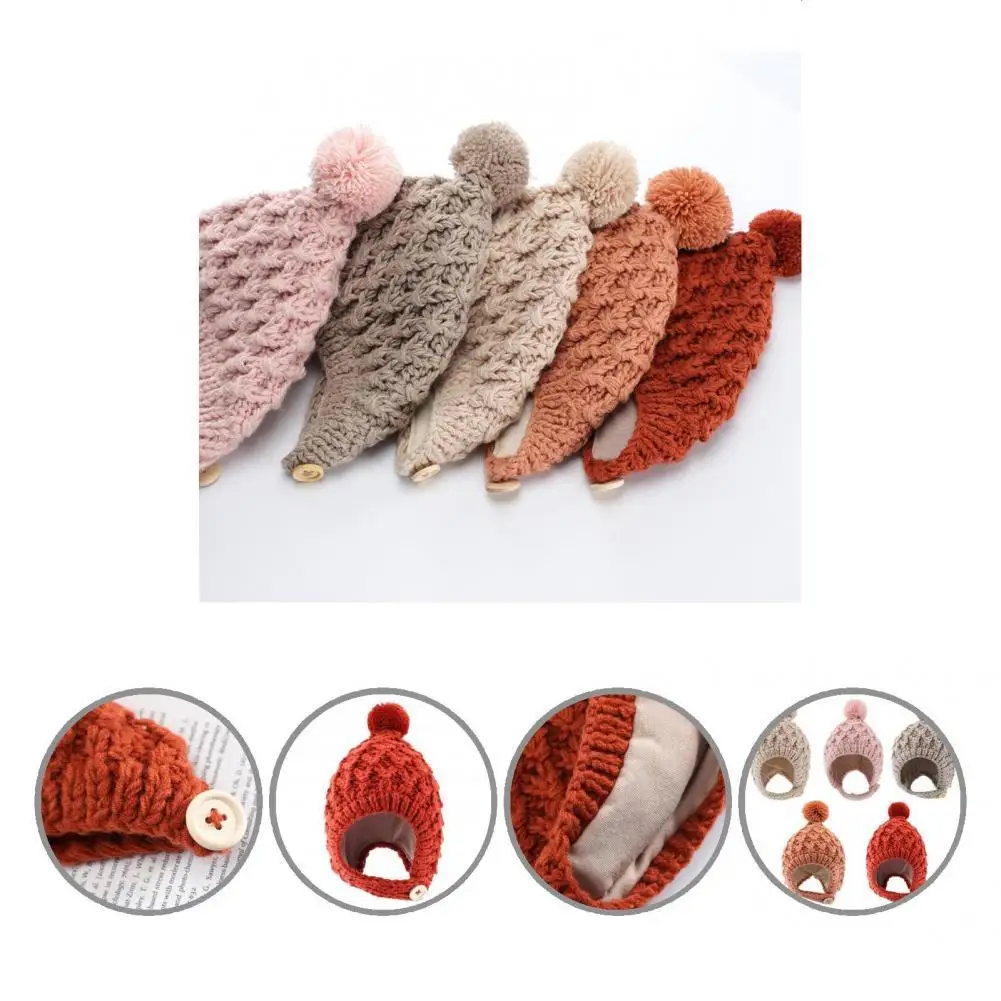 Autumn Winter  Chic Plush Ball Solid Color Baby Caps Breathable Baby Girls Beanie Knitted   for Daily Wear