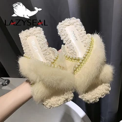 LazySeal String Bead pantofole pelose donna vera pelliccia di Pabbit infradito donna cursori scivoli di perle pantofole con suola piatta scarpe di peluche