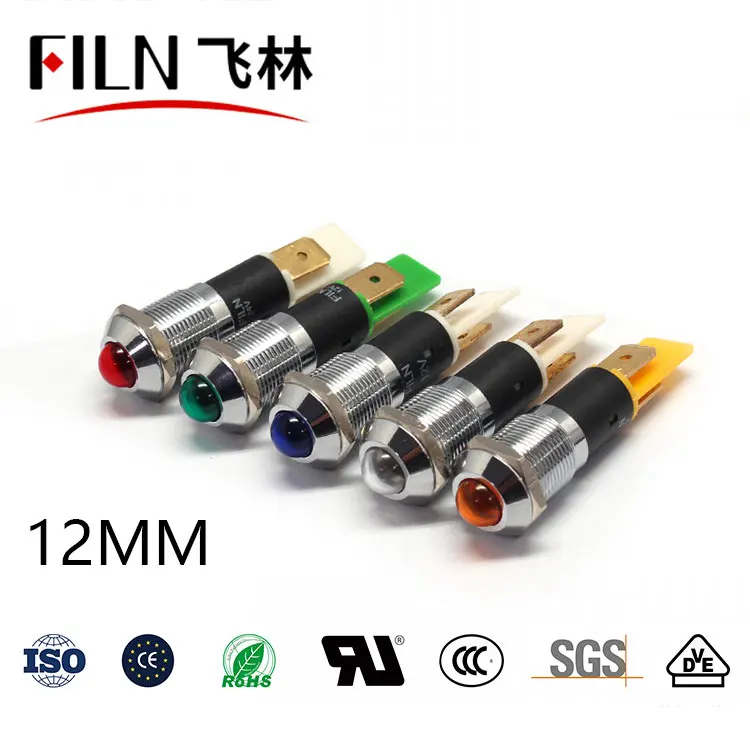 FILN Metal convex head 12mm solder pins indicator lamp 12v 110v hot sale red blue green signal lamp white signal lamp