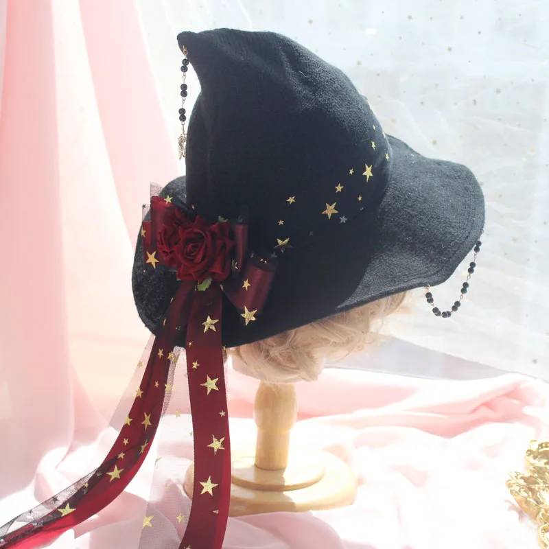

Vintage Star Magic Girl Gothic Wizard hat Lolita Halloween Witch Hat Accessories Props Bead Chain Bow Rose Party Peaked Cap