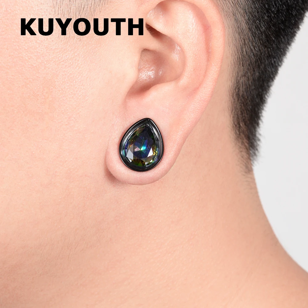 KUYOUTH High Quality Stainless Steel Water Drop Zircon Ear Piercing Tunnels Expanders Body Jewelry Earring Plugs Stretchers 2PCS