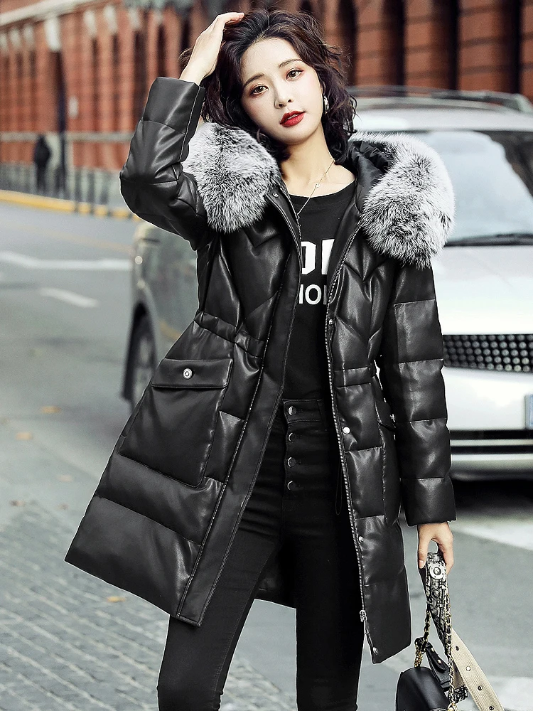 

Winter Thick Down Leather Jacket For Women New Black Slim Mid-Length Warm Hooded Coat With Natural Fox Fur Female Fashion Parkas