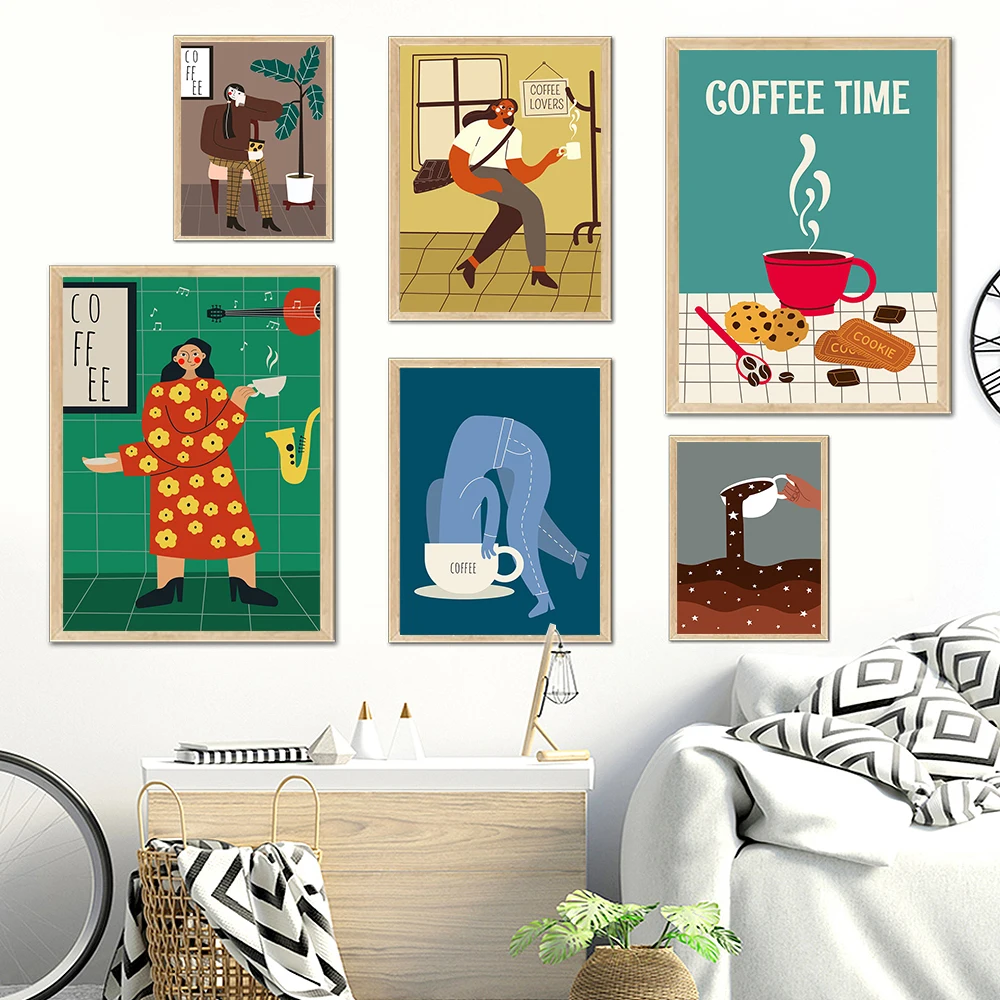 Nordic Poster Girl Relax Abstract Coffee Time Prints Cartoon Quote Wall Art Canvas Painting Decor Pictures Kitchen Room Mural