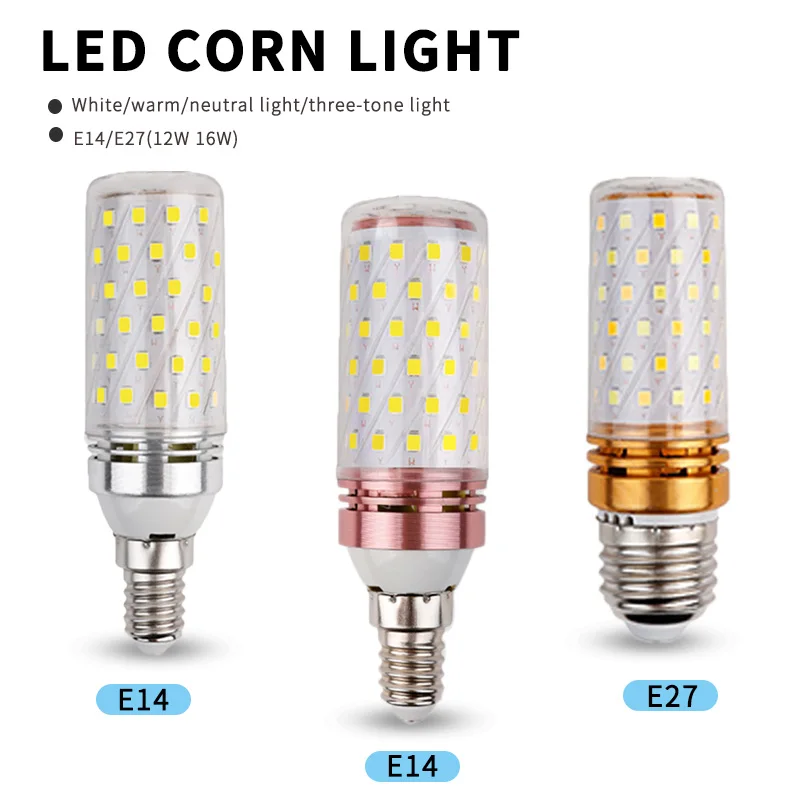 LED 촛불 전구, E27, E14, 12W, 16W, 2835 옥수수 램프, 에너지 절약, 따뜻한 흰색 조명, 홈 침실 복도 색상 변경 전구