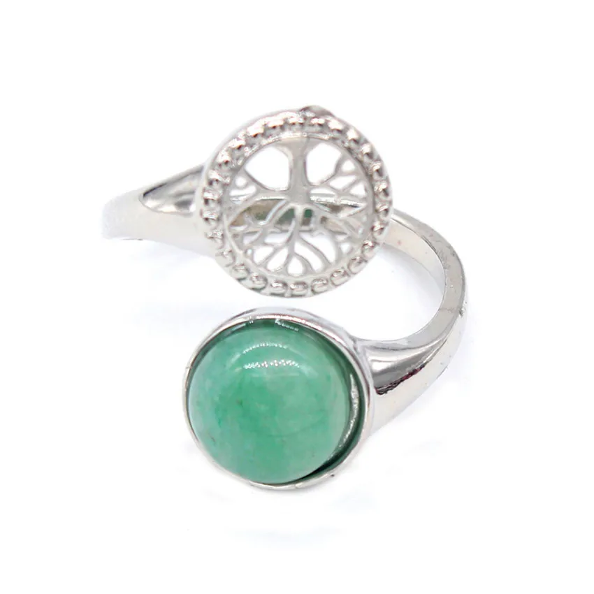 

FYJS Unique Silver Plated Tree of Life Open Resizable with Natural Green Aventurine Ring Ethnic Style Jewelry