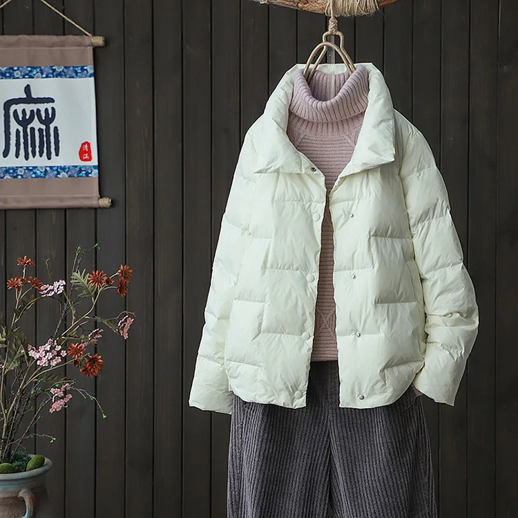 Schinteon Women Light Down Jacket Simple Casual Solid Color Stand Collar Short Outwear Autumn Coat Female New 2023 Fashion