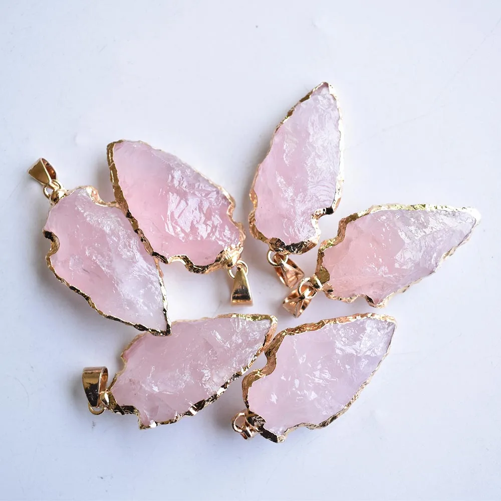 Good Quality Natural pink quartz Arrowhead Pendant Electroplated Gold Color Raw Stone for jewelry making 6pcs/lot  Wholesale