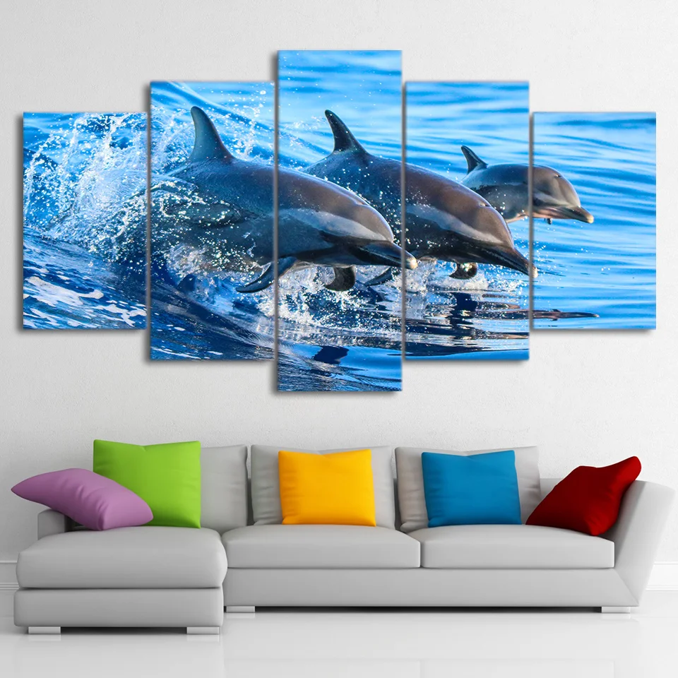 

5 Pieces Blue Ocean Animal Jumping Dolphin Paintings Modern HD Printed Wall Art Framework Canvas Pictures Poster Home Decoration