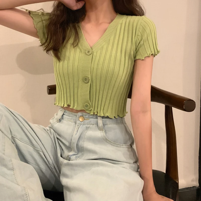 Sommer Frauen V-ausschnitt Strick Casual Kurzarm Strickjacken Dame Strick einreiher Pullover Shirts Crop Tops Für Mädchen