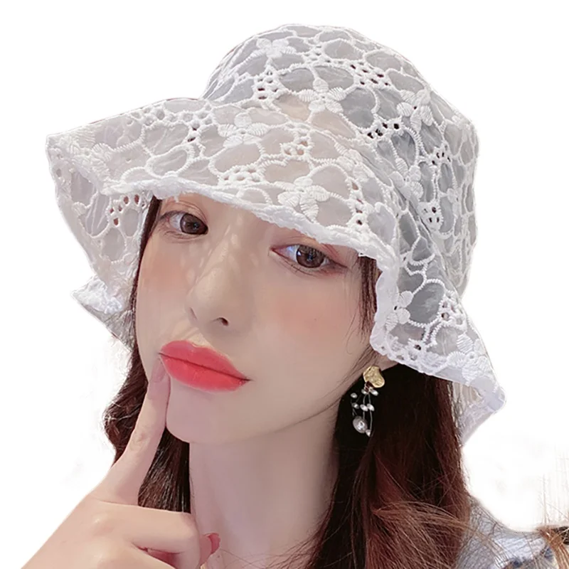 Fashion Fashion  Hollow Lace Female Cute Little Flower Basin Hat Sun Hat  For Women New