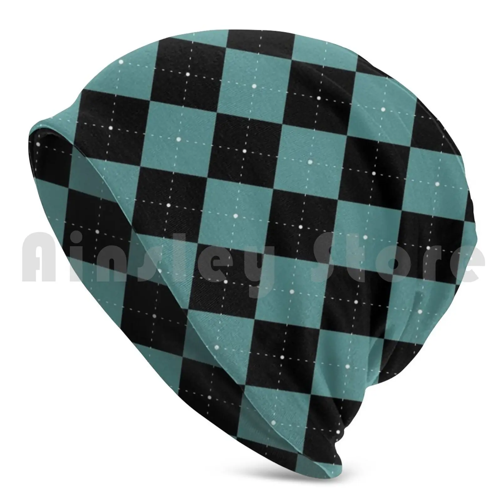 Argyle Checkered Fabric Pattern Fashion Beanies Knit Hat Hip Hop Shades Of Green Blue Turquoise Cyan Abstract