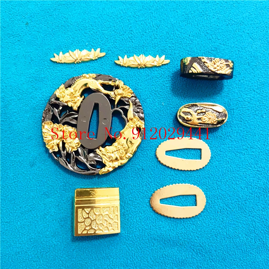 Japanese Samurai Sword Katana/Wakizashi/Tanto Guard Accessory Set Kirsite Tsuba+Menuki+Fuchi+Kashira+26cm Handle+Habaki+Seppa