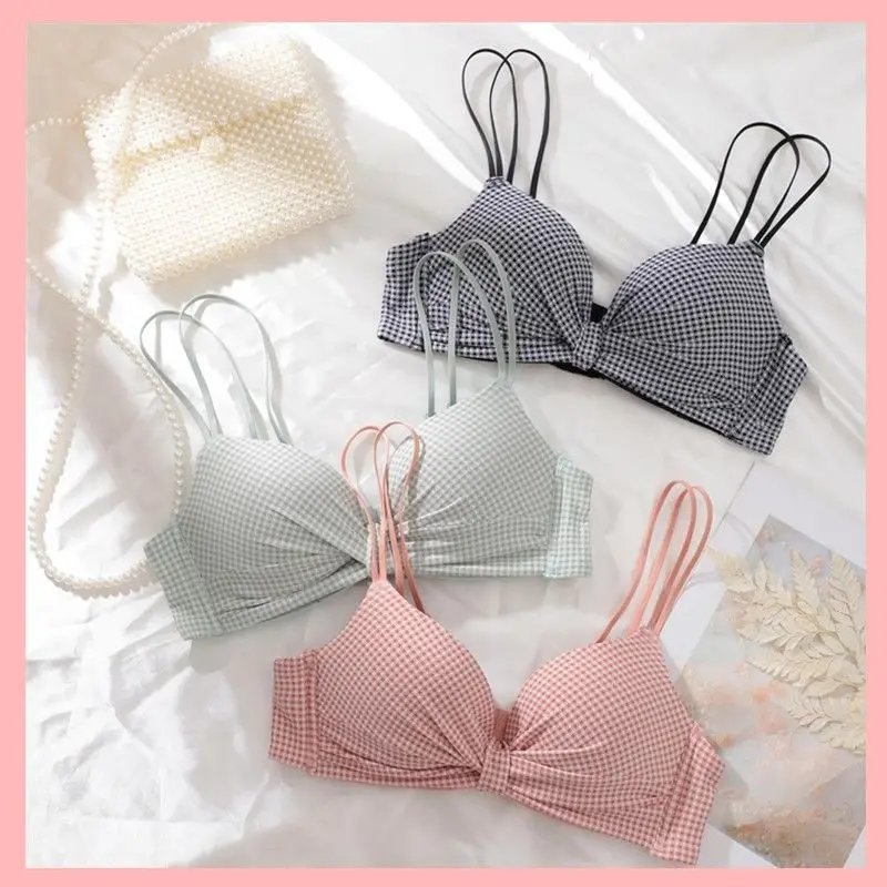 Wire Free Bra Women Push Up Sexy Underwear Girls Cute Bow Plaid Cross Fold Backless Bras Onepiece Brassiere