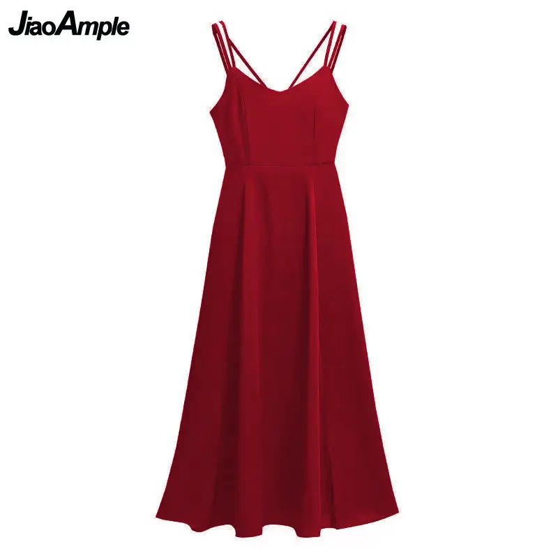 Vestido largo con tirantes para mujer, con abertura camisola Sexy, color rojo, cuello en V, ropa de viaje para playa y fiesta, verano, 2024