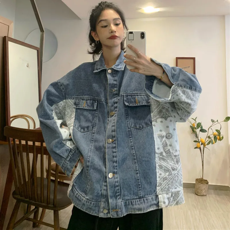 

Cashew Flower Stitched Denim Jacket For Men And Women 2024 Autumn New Korean Loose Vintage Street Student Jean Jacket Female