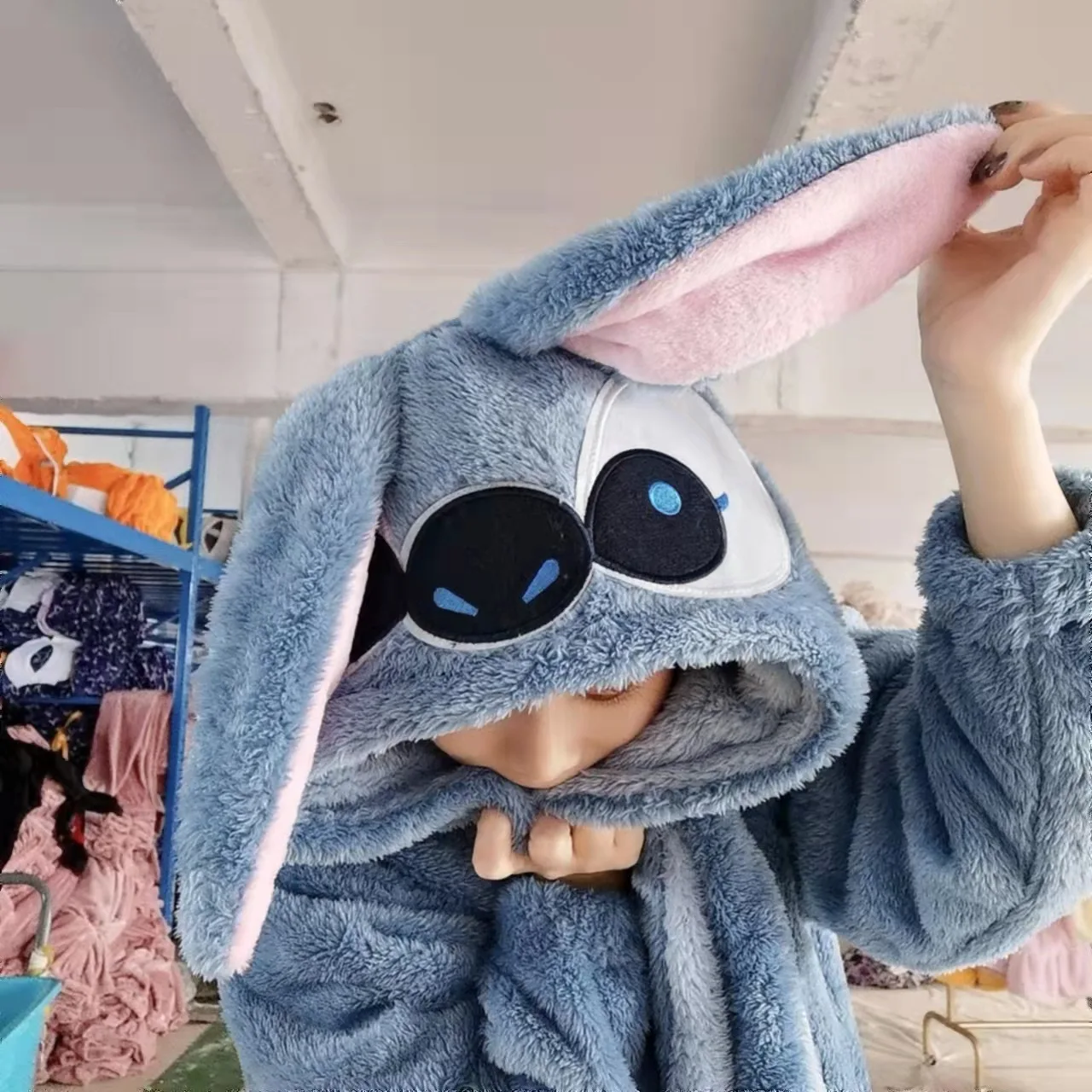 Kawaii Cartoon Rabbit Police Officer Blue Flannel Thickened Long Nightgown For Men Women With Ear Warm Coral Fleece Home Service