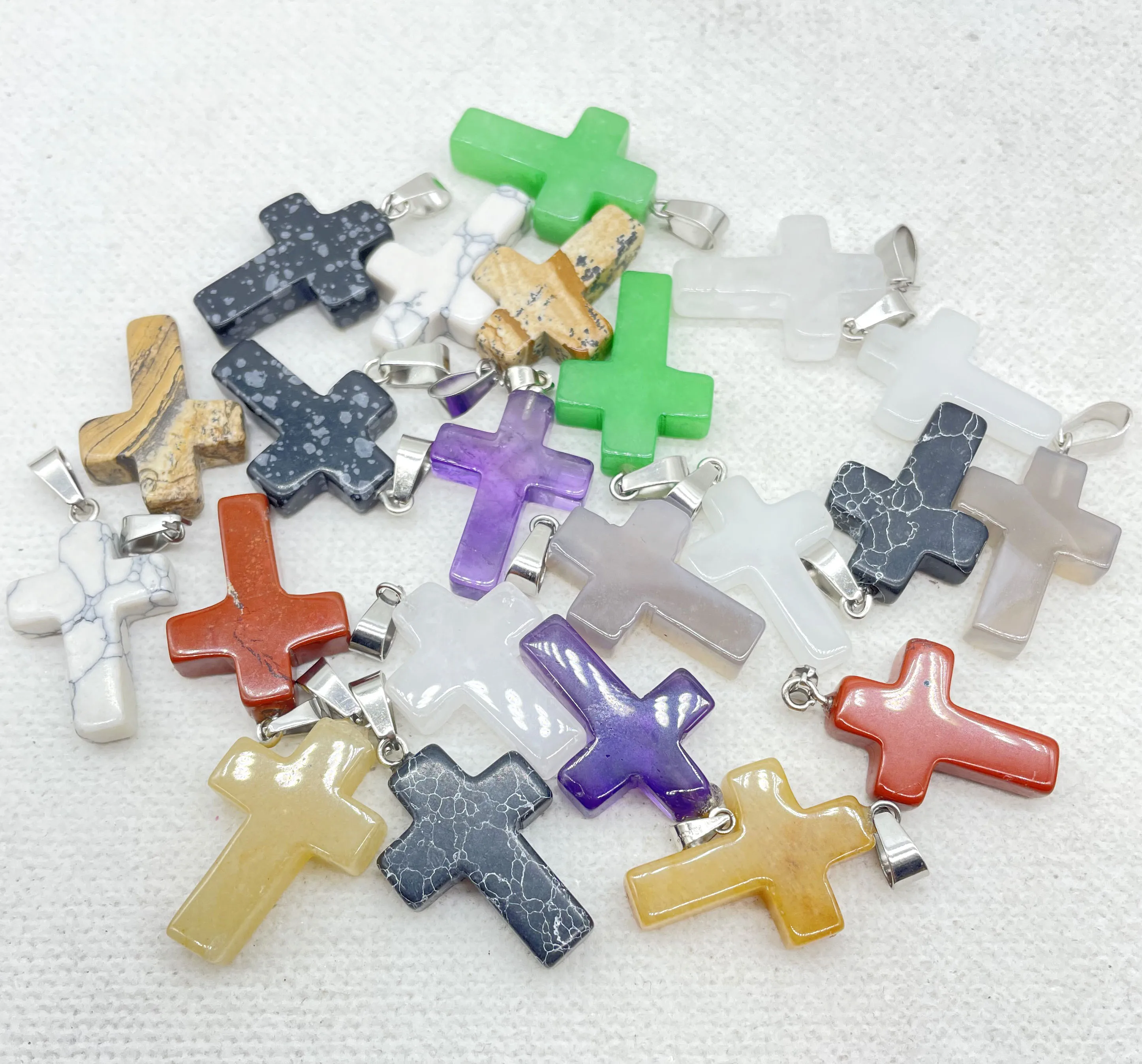 High quality Natural Gem stone Quartz Crystal amethyst Cross pendants for charm Diy Jewelry making Necklaces Accessories 24PCS