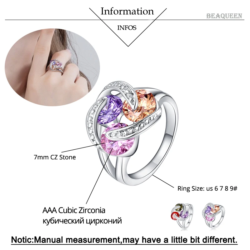 BeaQueen High Quality Unique Round Multi Color Cubic Zirconia Stones Women Dancing Party Rings Festive Finger Jewelry Gifts R019