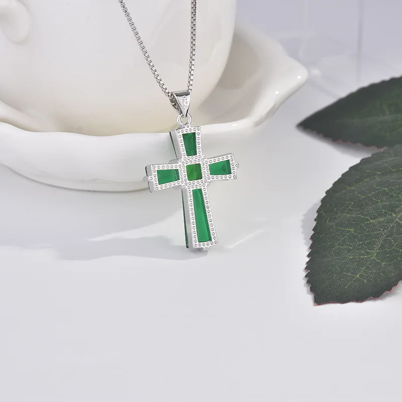 Handmade Emerald Cross Pendant Real 925 Sterling Silver Party Wedding Pendants Necklace For Women men Genuine Gemstone Jewelry