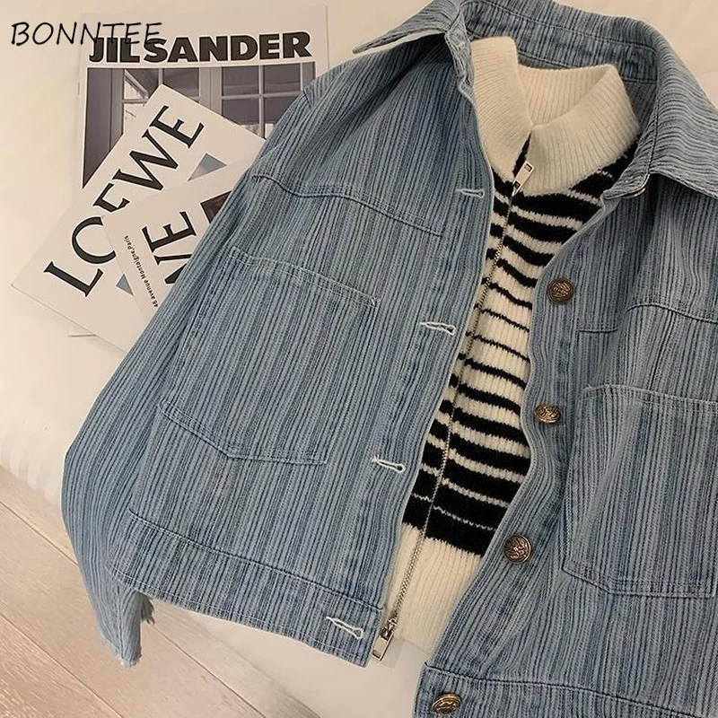 Chaquetas básicas para mujer, primavera, borla, informal, Retro, estilo de Hong Kong, Denim, agradable botón, manga larga, holgadas, Vintage, bolsillos que combinan con todo