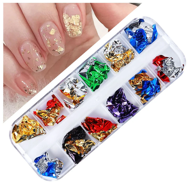 12 Gitter mit glitzernden Goldfolien für Nagelkunstdekoration, unregelmäßige Glitzer-Aluminiumflocken, Pailletten-Chip-Design für DIY-Schönheitsprojekte – Detail 6