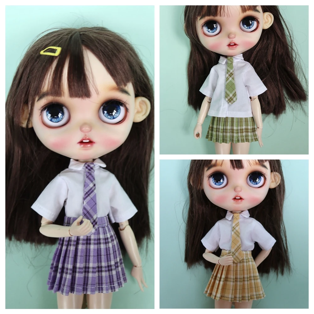 1 Set New Blyth School Uniform White Shirt with Tie+ Pleated Skirt for OB24 Licca Kurhn 1/6 Dolls Clothes Accessories