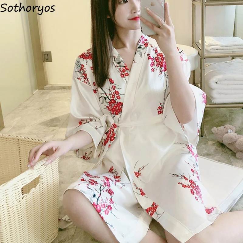 Women Robes Short Sleeve Floral Female Elegant Loose Cozy Casual Trendy Ulzzang Japan Style Lounge Wear Sleepwear  Retro New