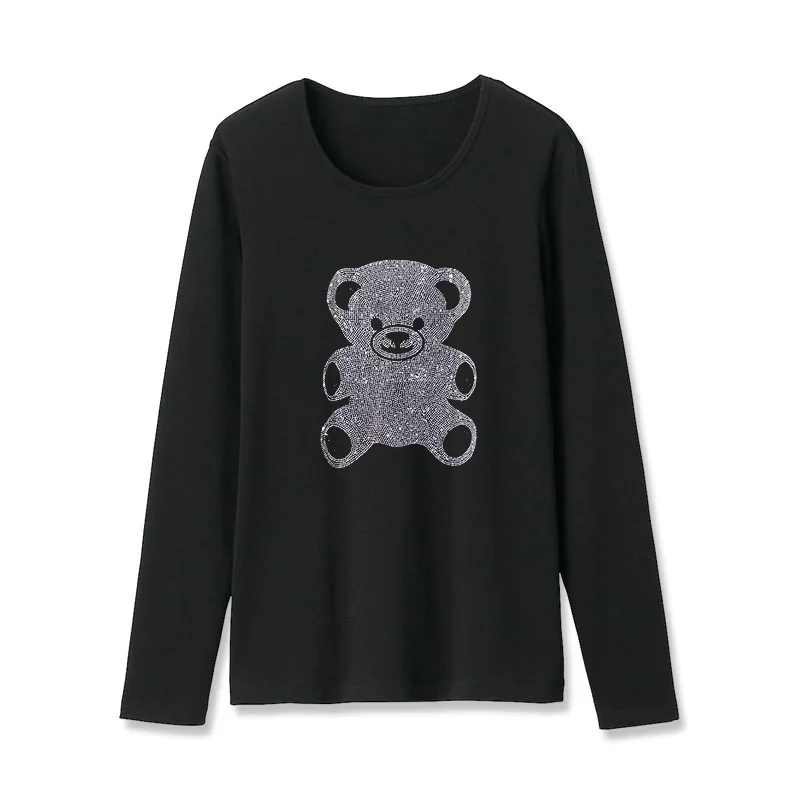 

Spring Autumn 2022 New Fashion Korean Style Long sleeve T-shirt women Cartoon little bear Hot diamonds Loose Casual tops female