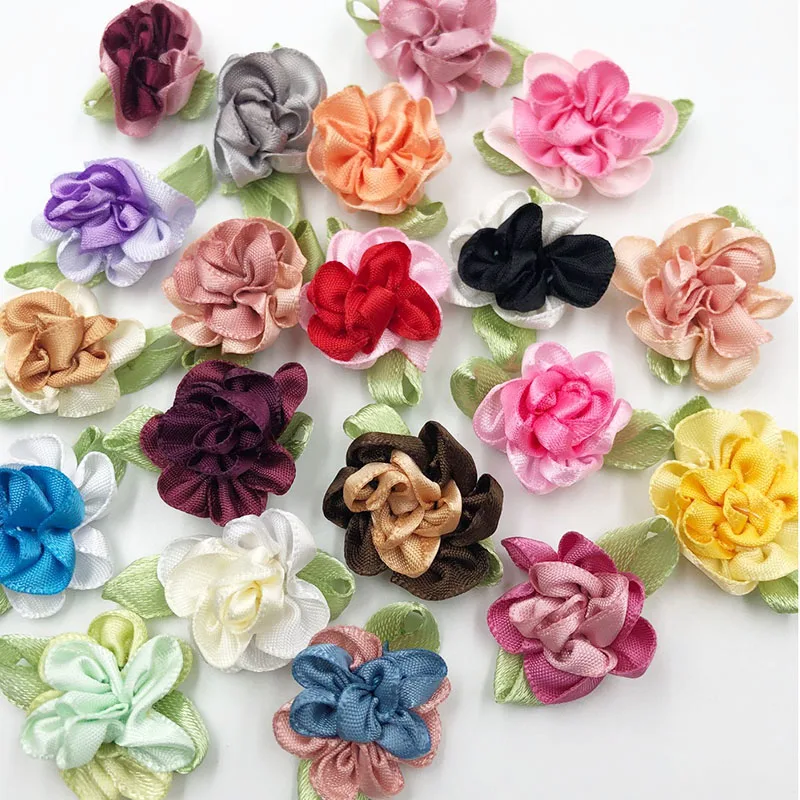 20pcs fiori a nastro con foglia fiori fatti a mano abbigliamento appliques per cucire accessori fai da te A047