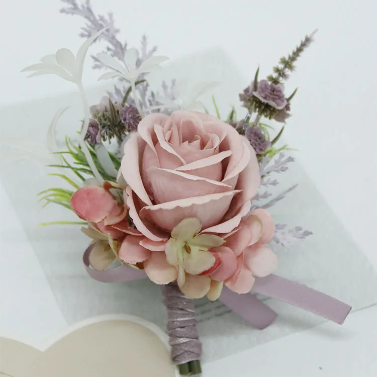 New Artifical Rose Flowers Dusty Pink Boutonnieres for Wedding Bride Bridesmaid Wrist Corsage Accessories