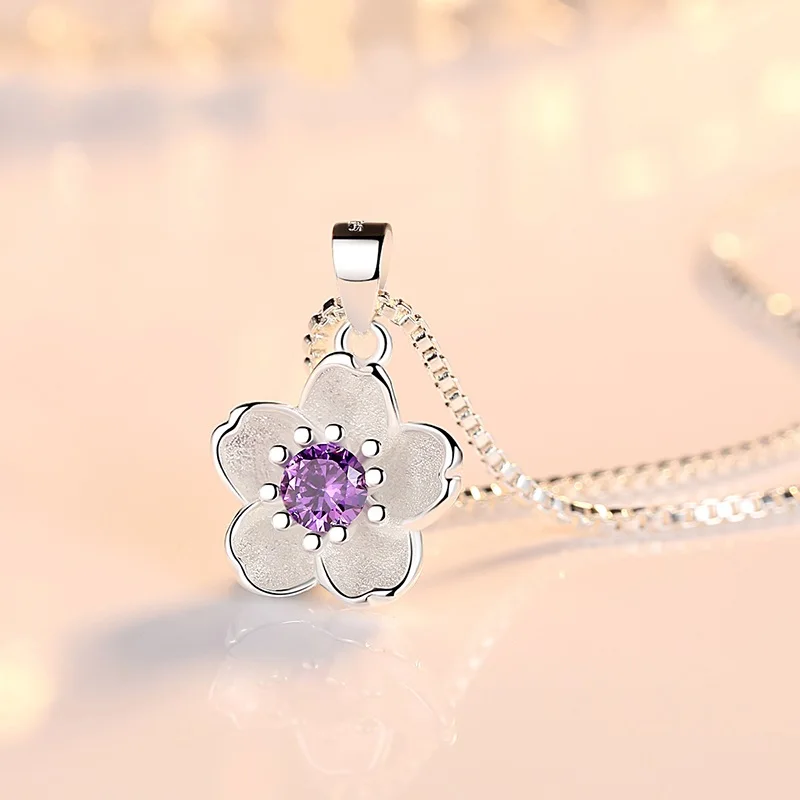 Cute Flower Pendant Necklaces For Women Romantic Cherry Blossoms Pink/Purple Zircon Stone Lovely Pendant Jewelry For Lady Girls