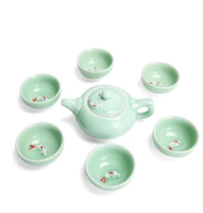 Chinese Tea Set Porcelain Celadon Fish Teacup Set Teapot Drinkware Kung Fu Tea Set Ceramic Tureen