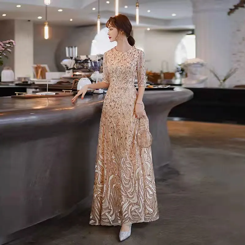 Вечерние платья Novo Luxo Ouro Lantejoulas Vestido de Noite de Banquete Elegante Metade Mangas Compridas Partido Prom Robe De Soirée Femme