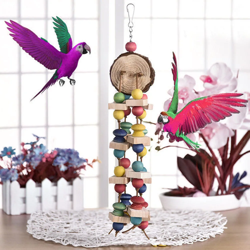 Pet Bird Swing Toy Parrot Parakeet Cockatiel Budgie Wood Blocks Cage Hang Toys