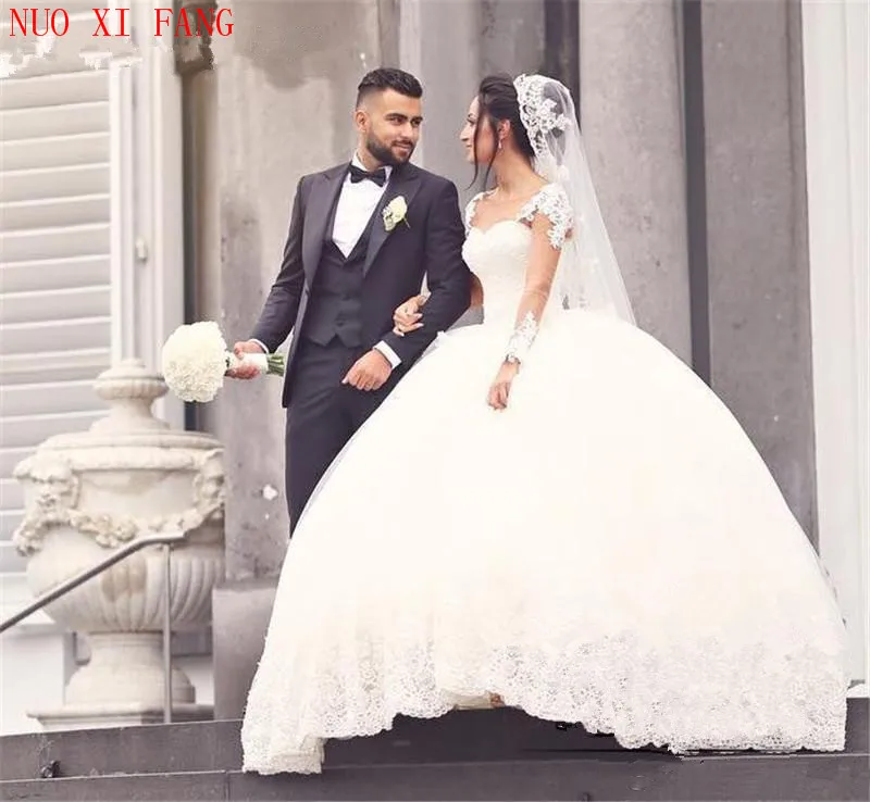 Prinzessin Spitze Sheer Neck Brautkleider 2022 Langen Ärmeln Perlen Viktorianischen Arabisch Vestidos De Novia Ballkleid robe de mariee