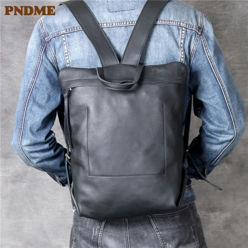 

Luxury genuine leather minimalist men's backpack casual simple soft first layer cowhide women's travel black backpack bookbag