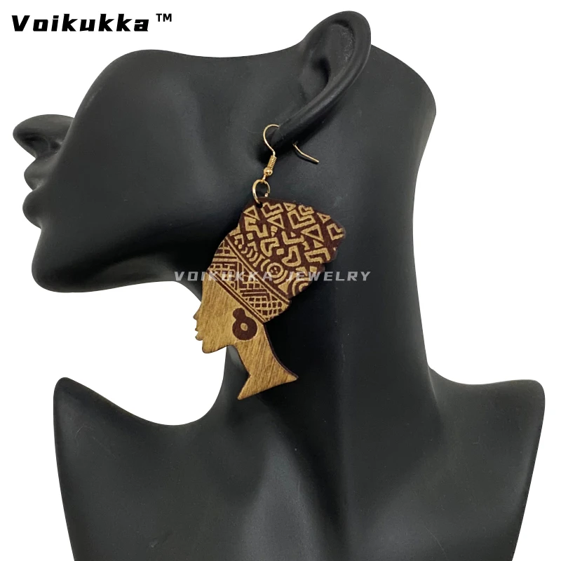VOIKUKKA Jewelry Portrait Sculpture Head Wrap Laser Cutting Engraving Wooden Women Drop Dangle African Women Cute Earrings