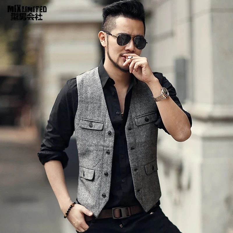 Chaleco de traje para hombre, traje de Tweed de lana verde y negro