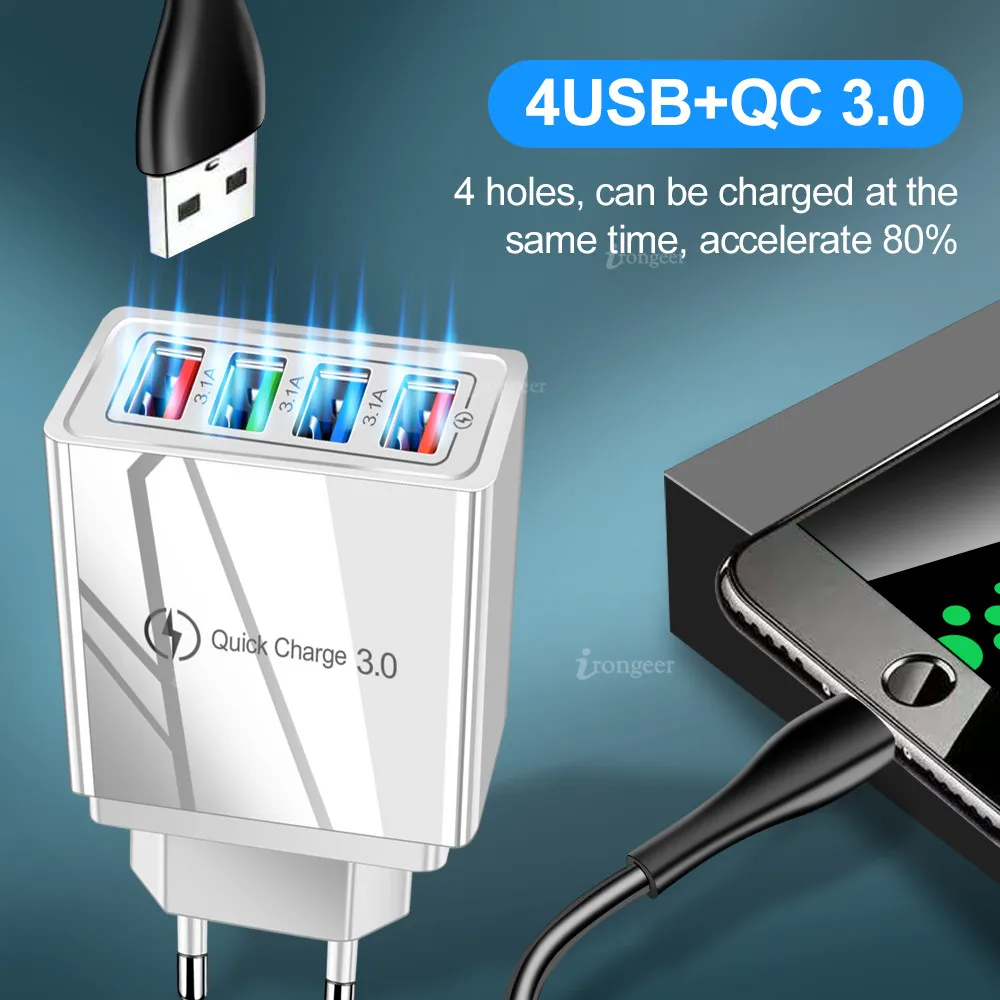 USB-зарядное устройство Quick Charge 4.0 3.0 3.1A, адаптер питания для быстрой зарядки, зарядное устройство для Samsung iPhone 11 7 X 4-портовое зарядное устройство для мобильного телефона