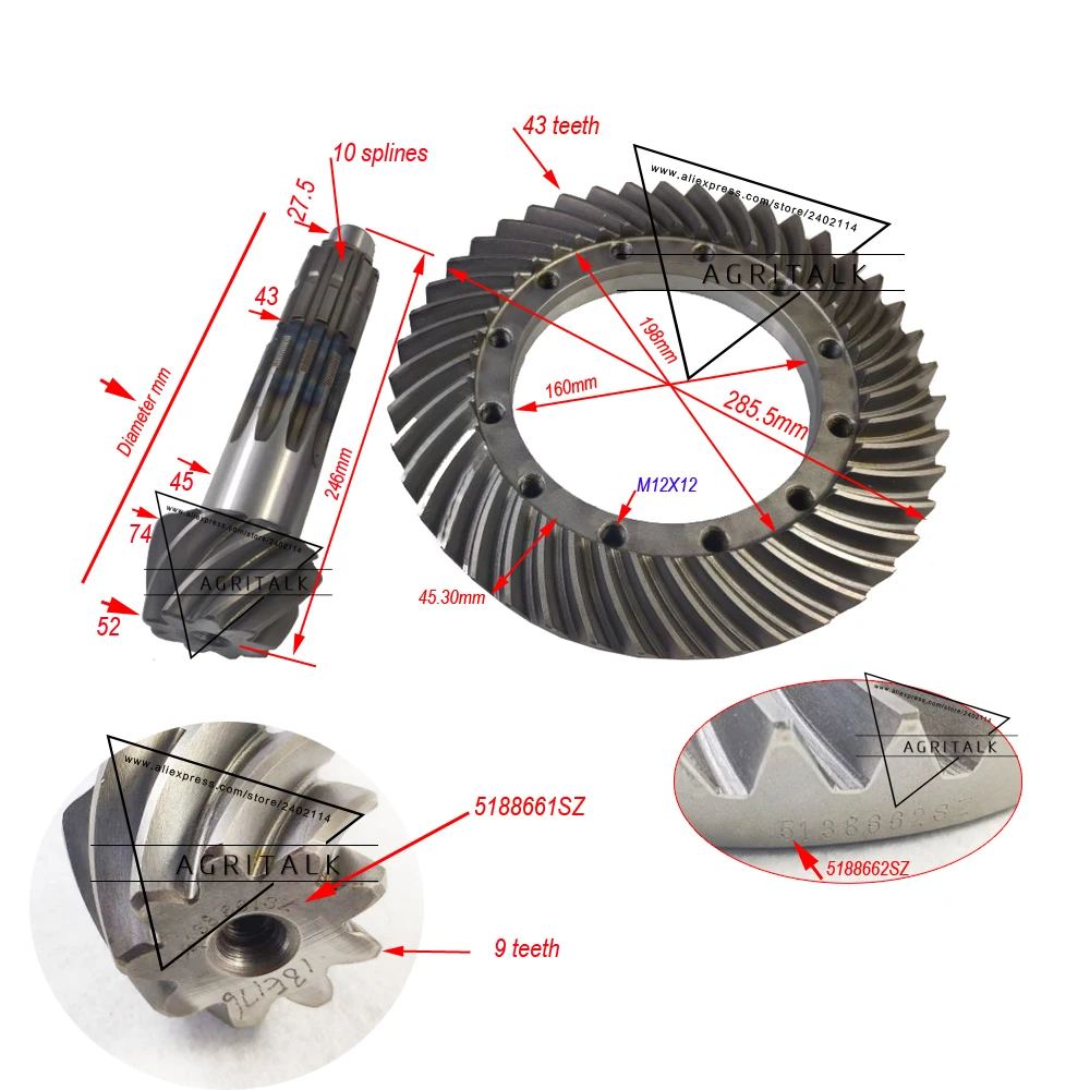 set of spiral bevel gear with shaft for Yituo tractor, part number:  5138661sz + 5138662SZ