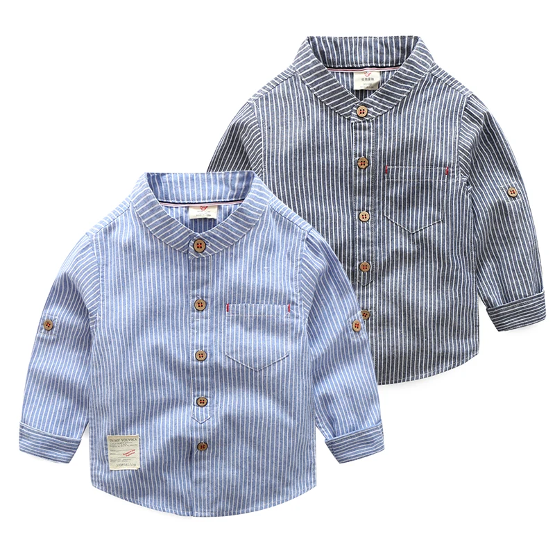 2023 Spring Autumn 2 3 4 6 8 10 Years New Design MANDARIN COLLAR Long Sleeve Pocket Classic Striped Shirts For Kids Baby Boys