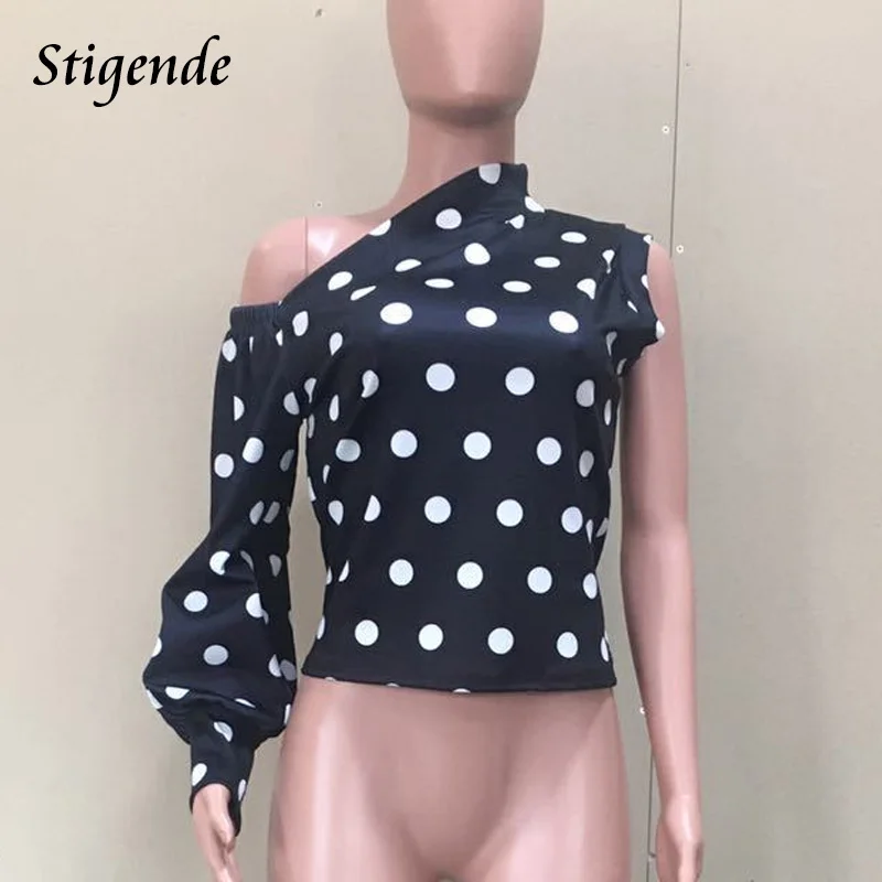 Stigende Sexy Lantern Sleeve Polka Dot Crop Blouse Women Casual Slash Neck Short Blouse Fashion One Shoulder Shirts Blouses