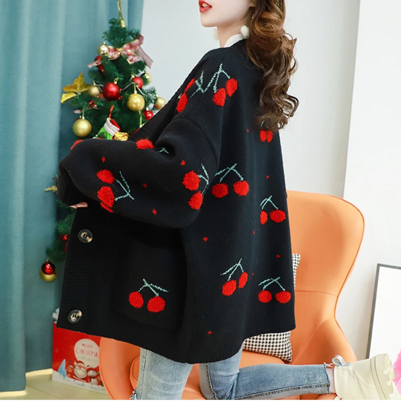 Autumn Fashion Cherries Embroidery Mid-length Cardigans Womens V-Neck Bat Sleeve Pocket Knitting Sweater Coat Loose Ladies Tops