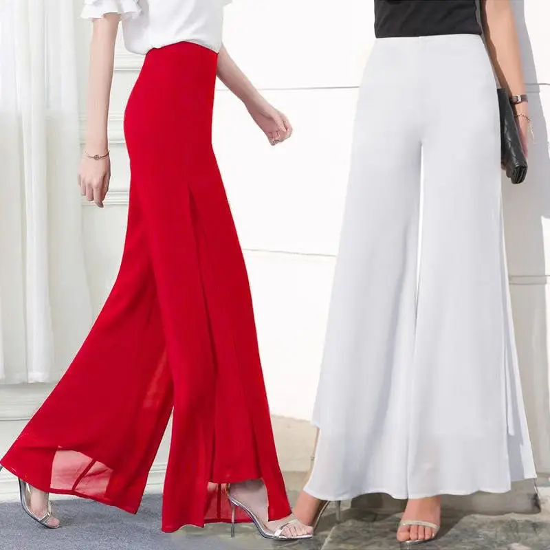 Office Lady High Waist Chiffon Wide Leg Slim Straight Pants Women Casual Loose Boho Pants Bohemian Style Summer Trousers Party